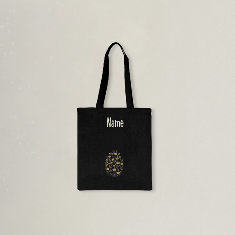 Personalisierter Stoffbeutel mit Blumenstickerei im Vintage-Design schwarz